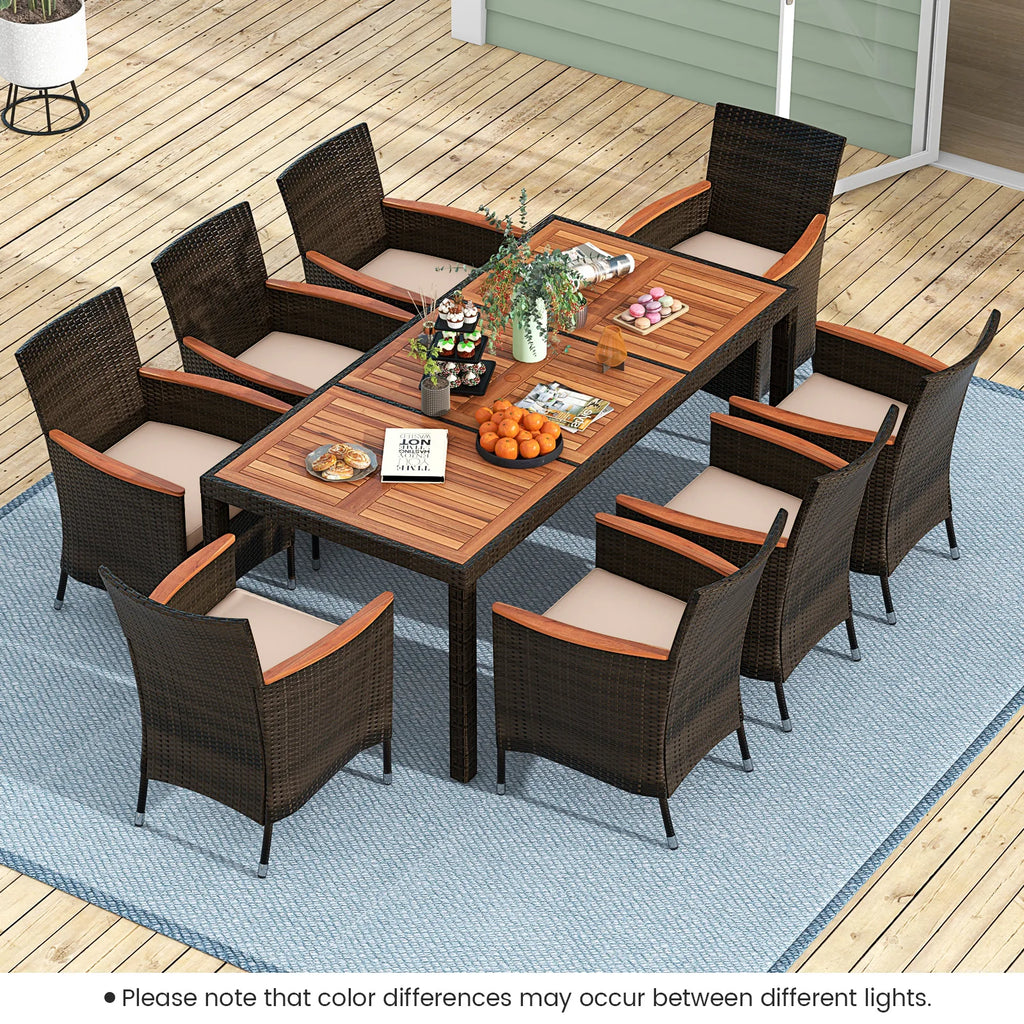 9PC Patio Wicker Dining Set Acacia Wood Table Top