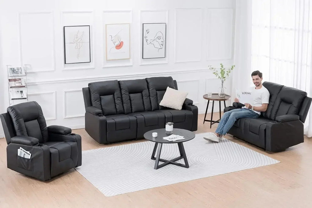Leather Recliner Chair Set, Black
