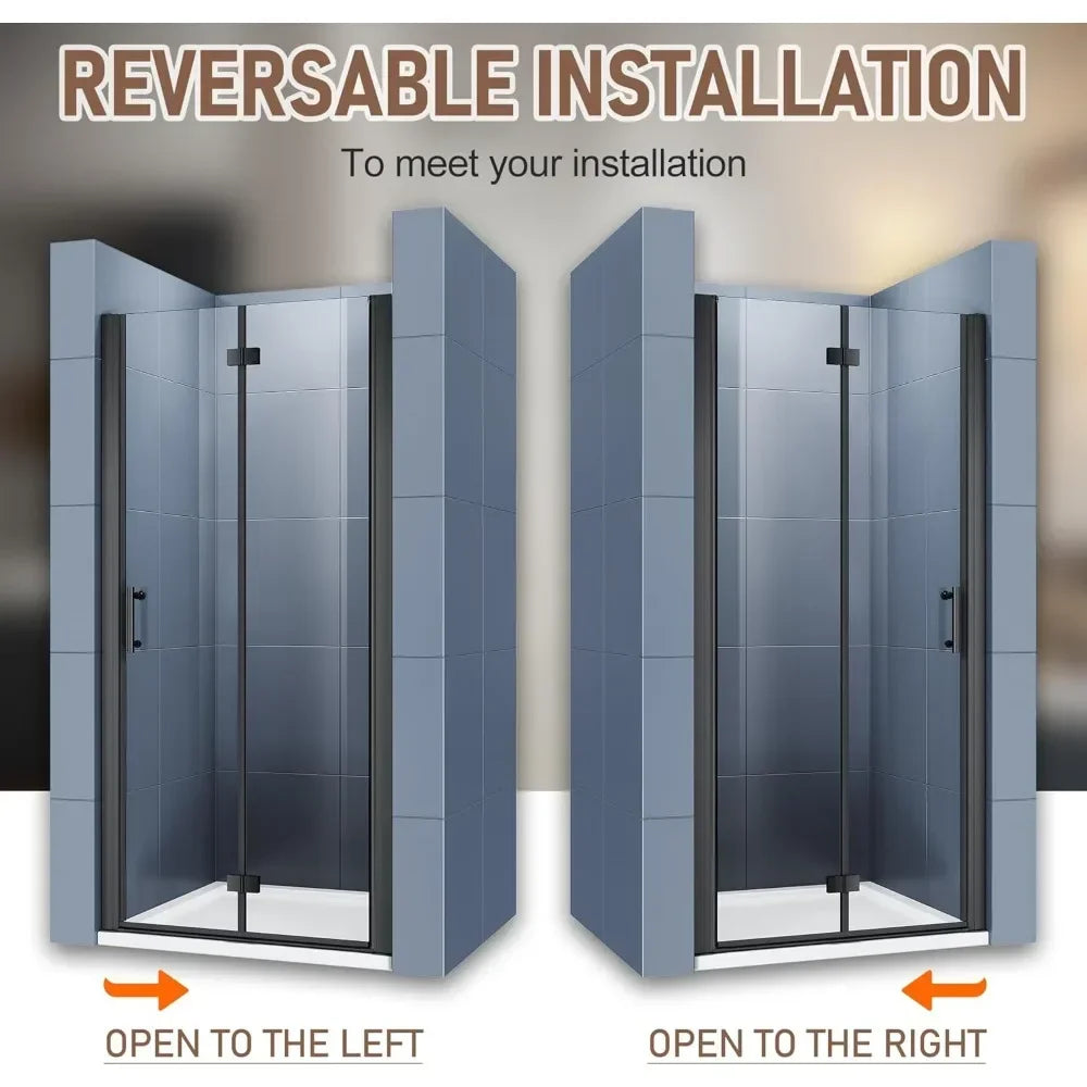 Semi-Frameless Bi-Fold Shower Door 35.5-37" W x 72" H, Reversible, Matte Black