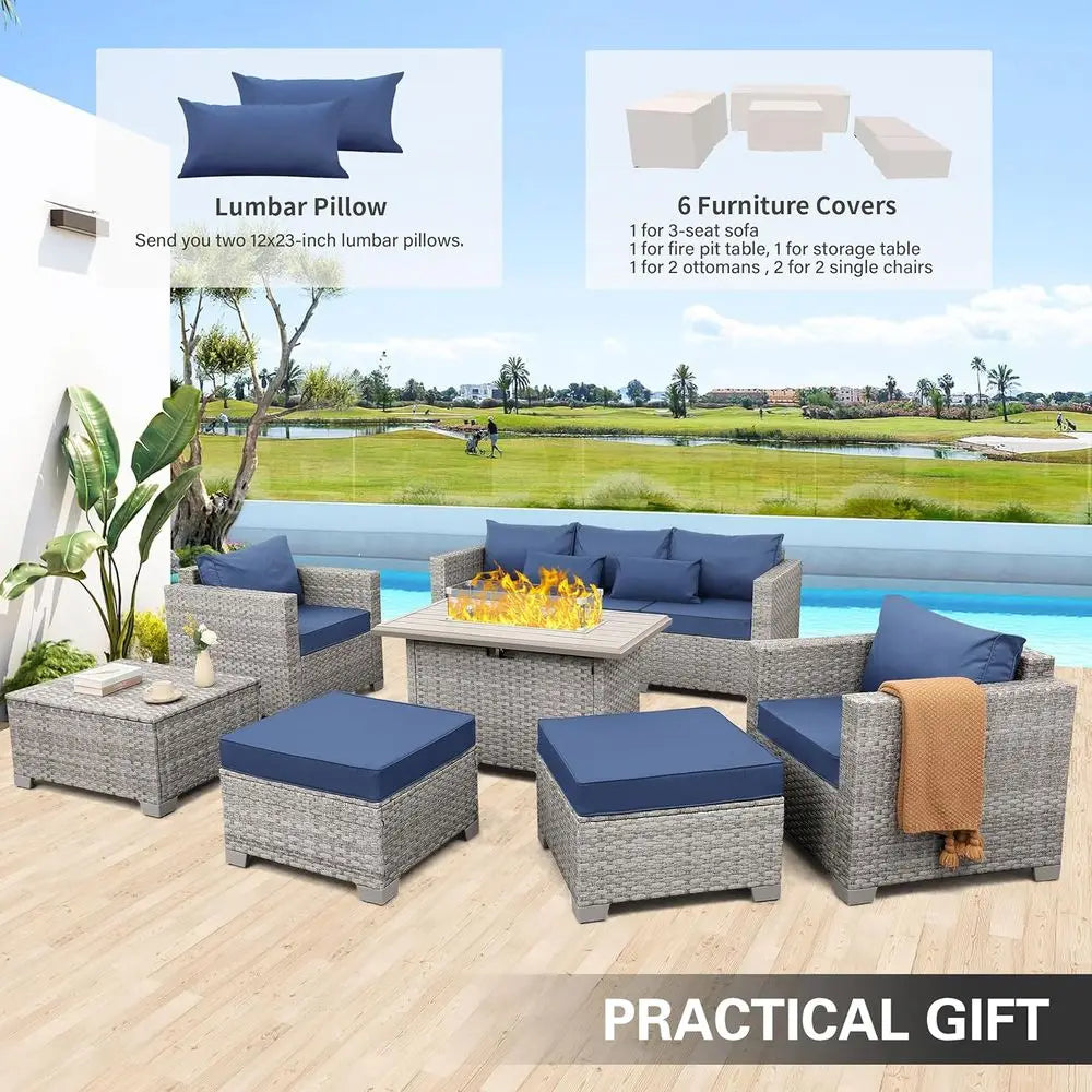 6-Pc Grey Rattan Outdoor Sofa Set With Fire Pit
